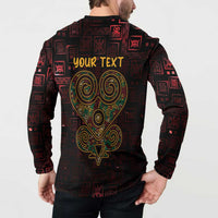 Men's button-up sweatshirt back, your TEXT over heart graphic, dark red/black