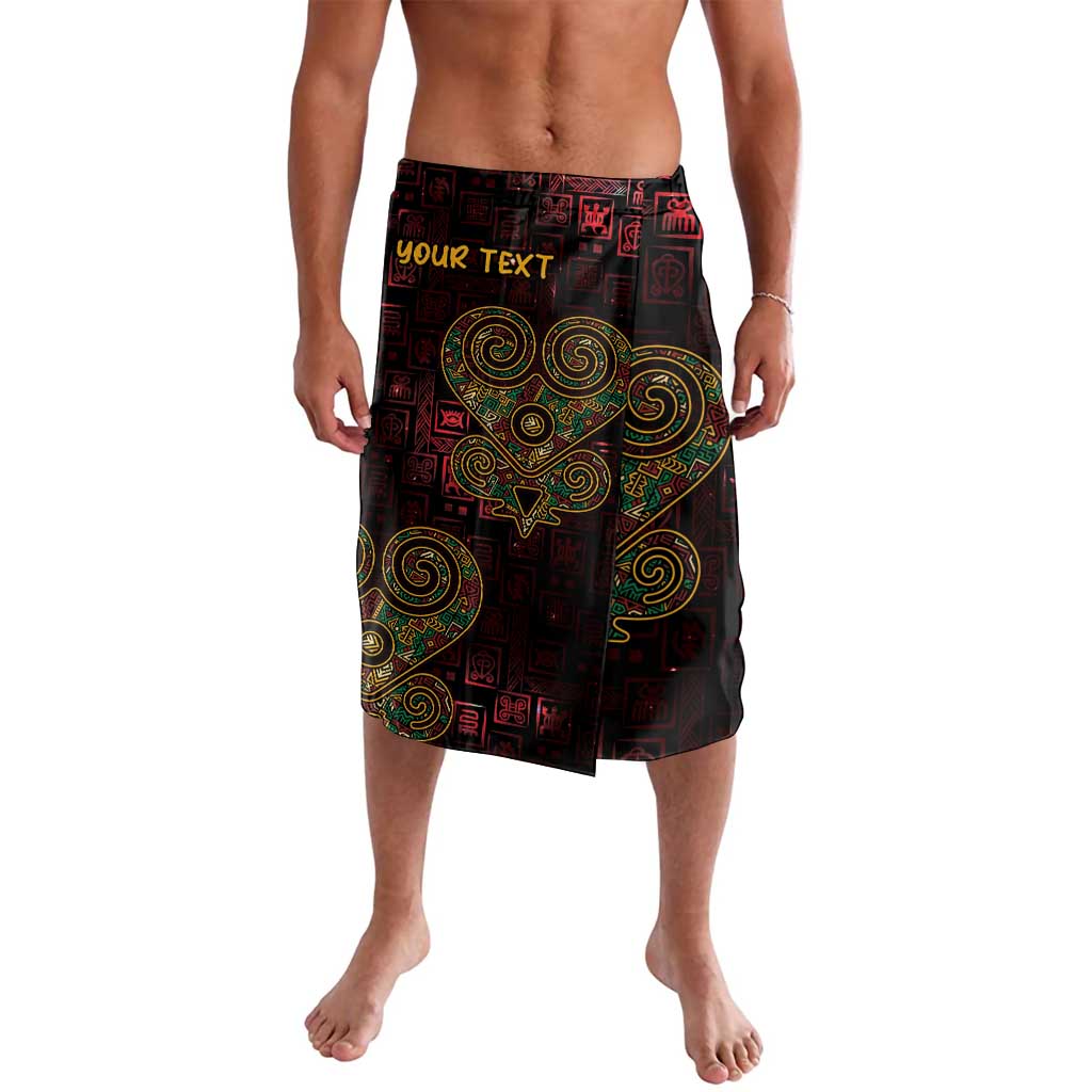Men's lavalava skirt in black with red and green Sankofa heart symbol print