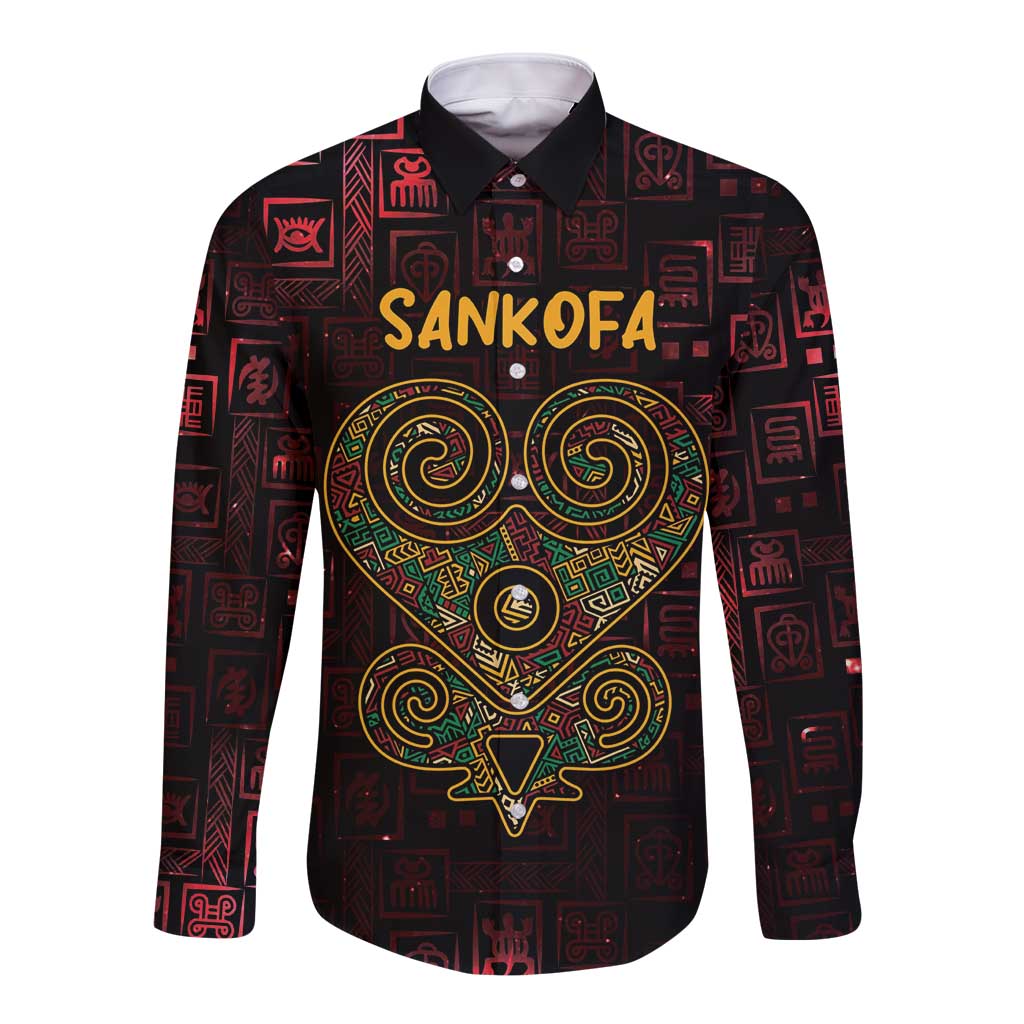 Long-sleeve button shirt with Sankofa heart graphic and red pattern on dark base
