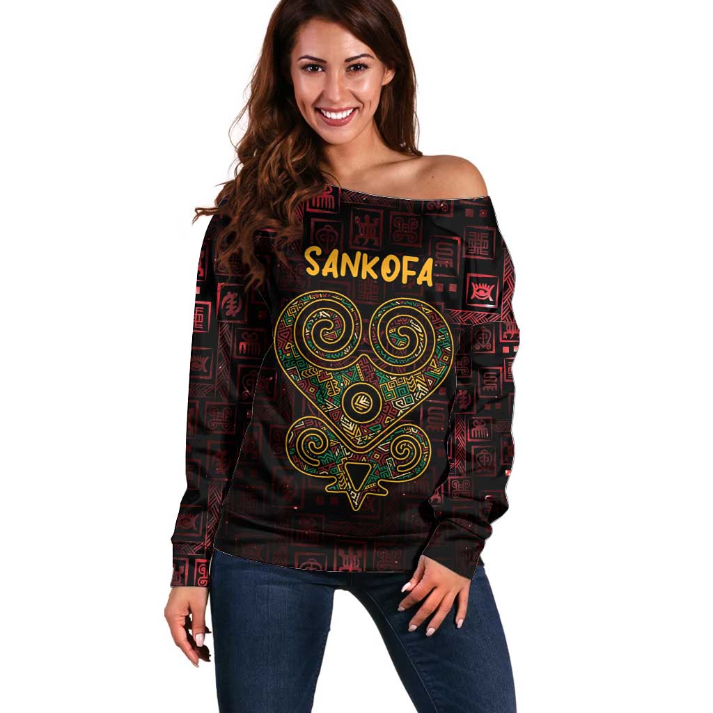 Africa Adinkra Symbol Off Shoulder Sweater Sankofa Heart - Cosmic Red