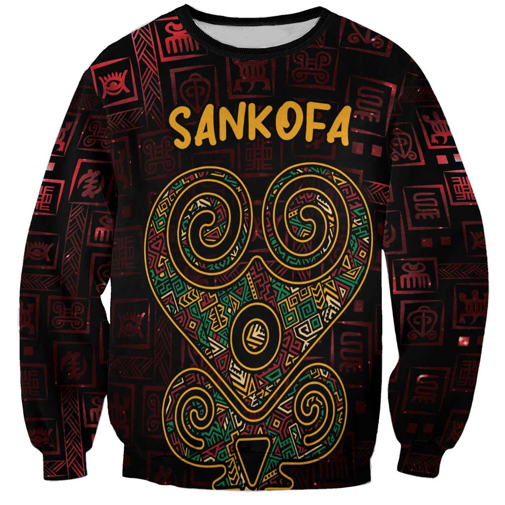 Unisex red crewneck sweatshirt with Sankofa heart graphic and Adinkra symbols
