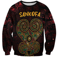 Unisex red crewneck sweatshirt with Sankofa heart graphic and Adinkra symbols