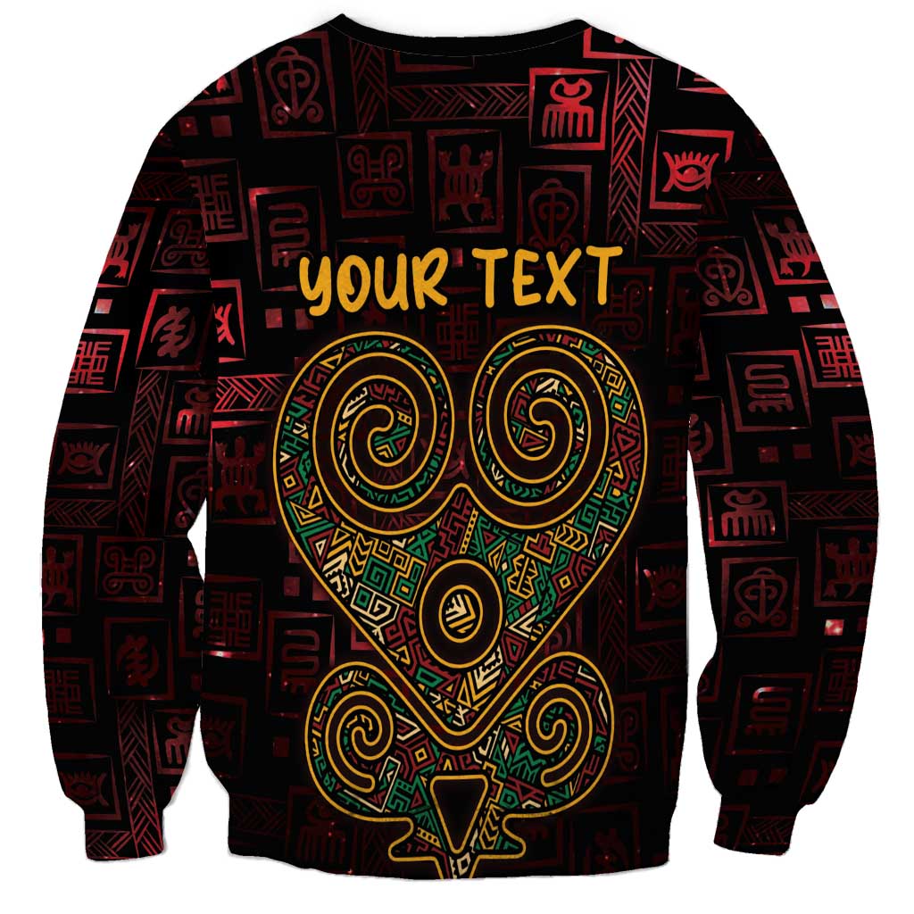 Unisex red crewneck sweatshirt with heart graphic and Adinkra symbols, "Your TEXT"
