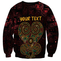 Unisex red crewneck sweatshirt with heart graphic and Adinkra symbols, "Your TEXT"