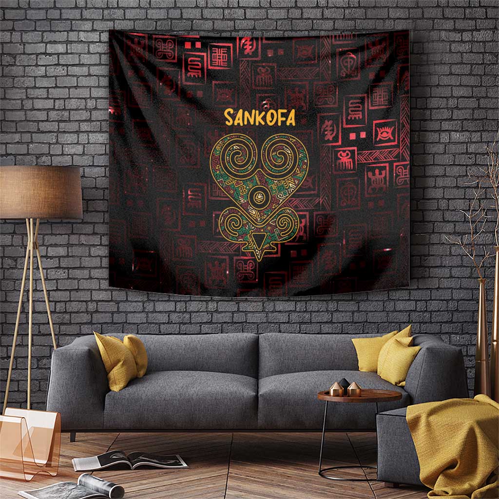Red and black Sankofa heart tapestry with gold symbols and patterned blocks, wall-hung