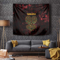 Red and black Sankofa heart tapestry with gold symbols and patterned blocks, wall-hung