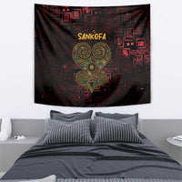 Red and black Sankofa heart tapestry with gold geometric emblem, wall-hung textile