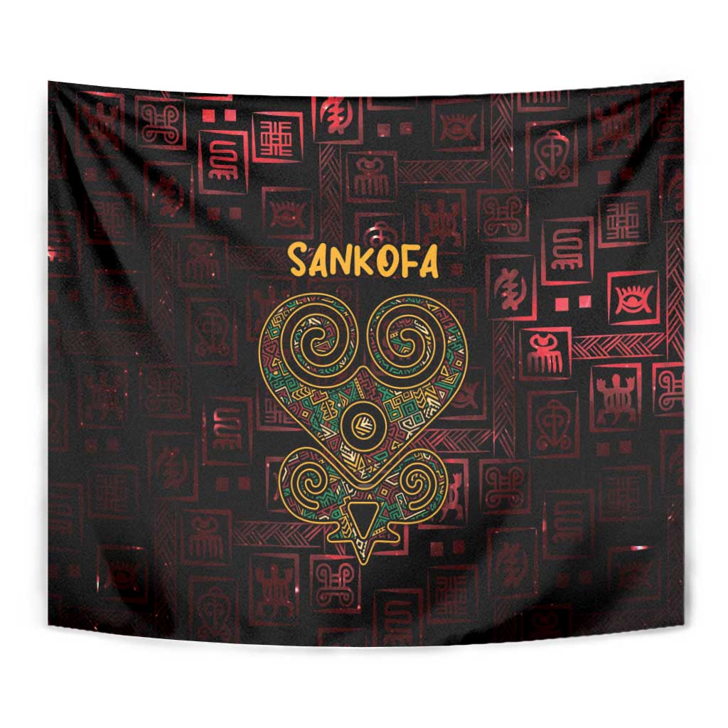 Red and black Sankofa heart tapestry with gold emblem center and patterned border