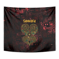 Red and black Sankofa heart tapestry with gold emblem center and patterned border