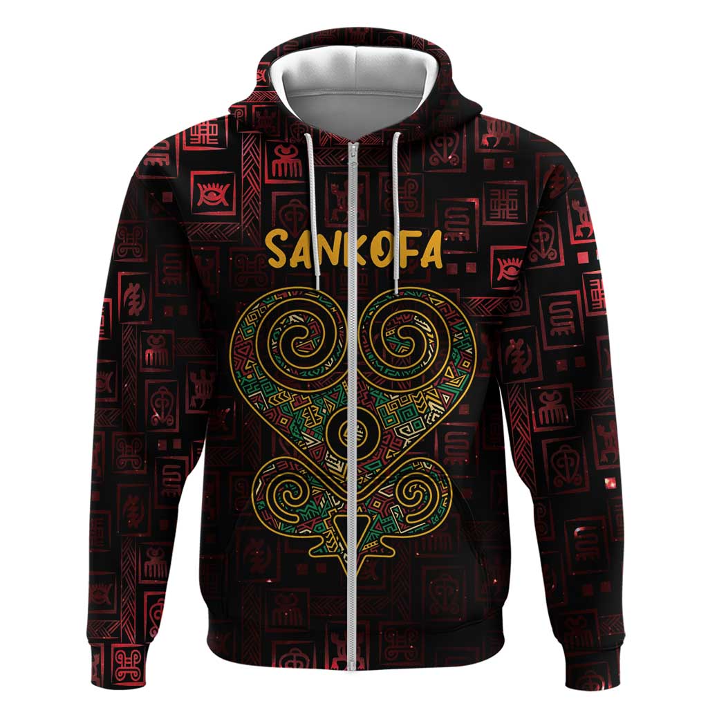 Africa Adinkra Symbol Zip Hoodie Sankofa Heart - Cosmic Red