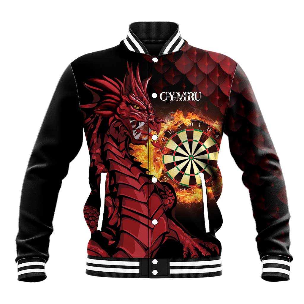 Unisex black baseball jacket with red dragon dartboard front print, button-up and striped cuffs