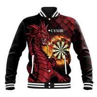 Unisex black baseball jacket with red dragon dartboard front print, button-up and striped cuffs