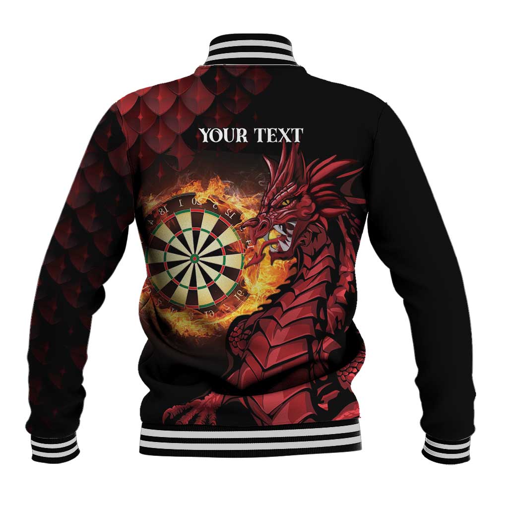 Unisex black baseball jacket with red dragon dartboard graphic, striped ribbed collar