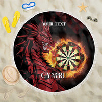 Round beach blanket with fringe edge, black and red dragon plus flaming dartboard