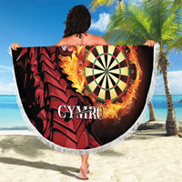 Round beach blanket with white fringe, black-red dragon and fiery dartboard print