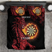 Black duvet set with red dragon, dartboard, 'YOUR TEXT', and two pillowcases