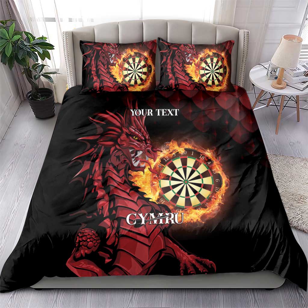 Black personalised duvet set with red dragon and dartboard graphic, two matching pillowcases