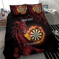 Black duvet set with red dragon, flaming dartboard circle, and 'CYMRU', two pillowcases