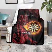 Black and red dragon blanket with dartboard graphic and 'YOUR TEXT' on display