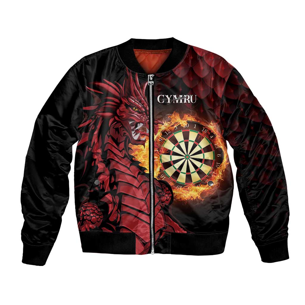 Black bomber jacket with red dragon and dartboard graphic, front zip and ribbed cuffs