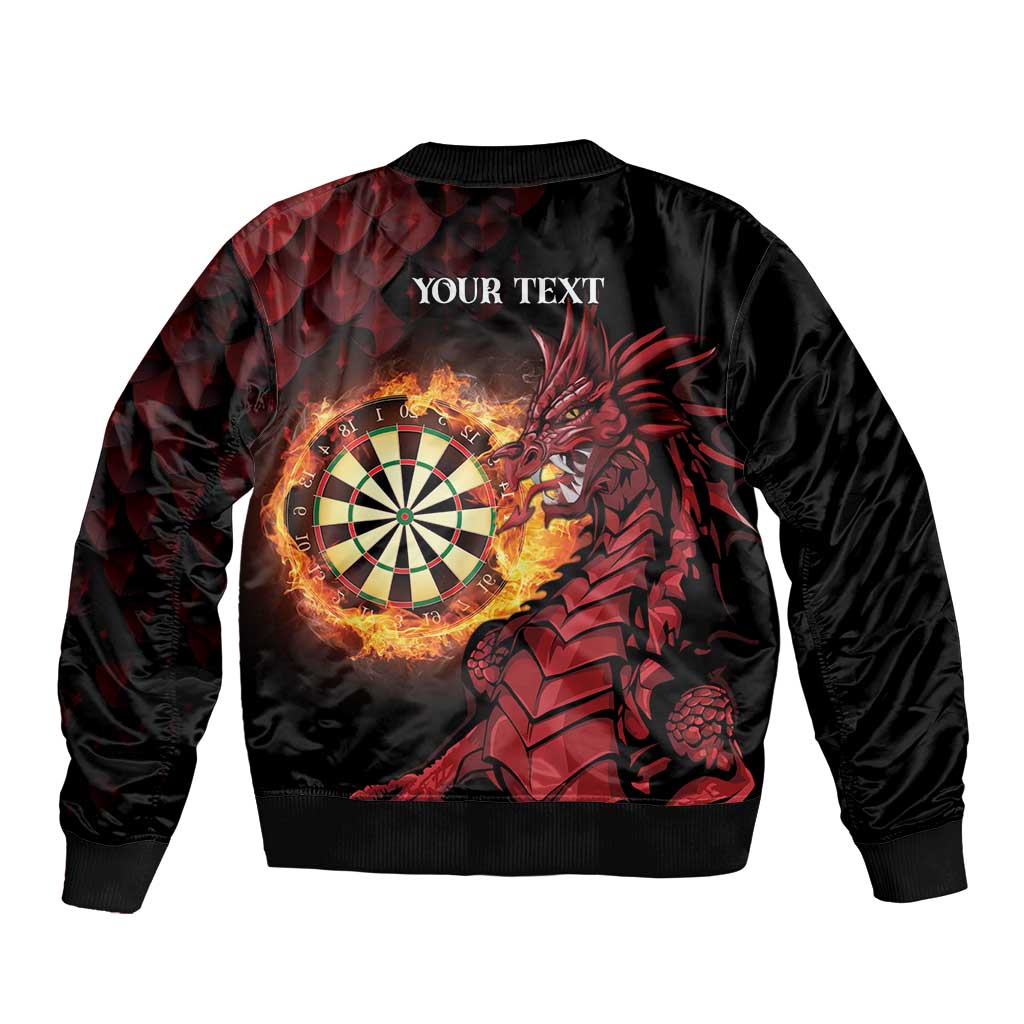 Black bomber jacket back with red dragon, dartboard flames, and 'YOUR TEXT' above
