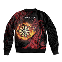 Black bomber jacket back with red dragon, dartboard flames, and 'YOUR TEXT' above