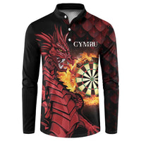 Black long-sleeve button sweatshirt with red dragon and dart target graphic front
