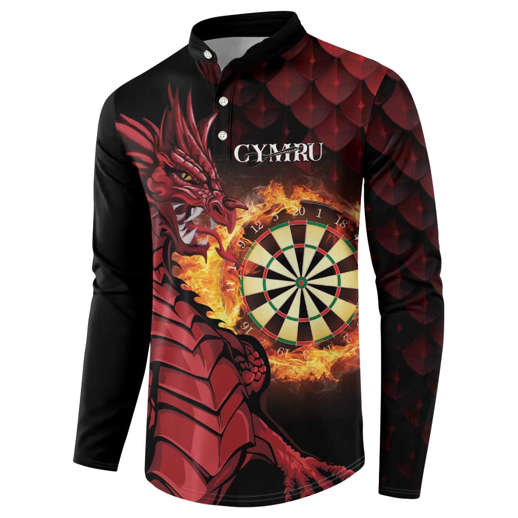 Black long-sleeve button sweatshirt with red dragon, dart target, and CYMRU chest graphic