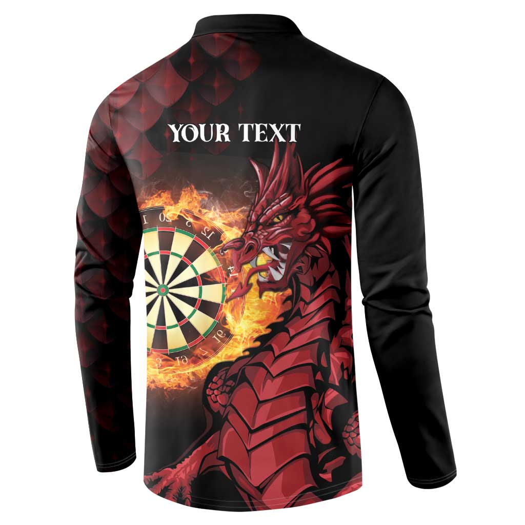 Black long-sleeve button sweatshirt with back dart target and red dragon; “YOUR TEXT”