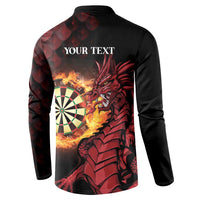 Black long-sleeve button sweatshirt with back dart target and red dragon; “YOUR TEXT”