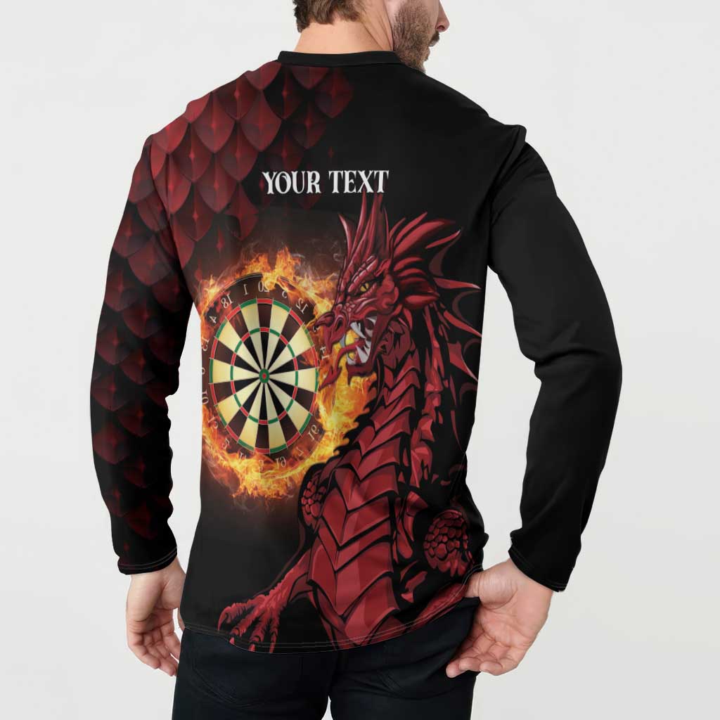 Black long-sleeve button sweatshirt with back dart target and red dragon; “YOUR TEXT”