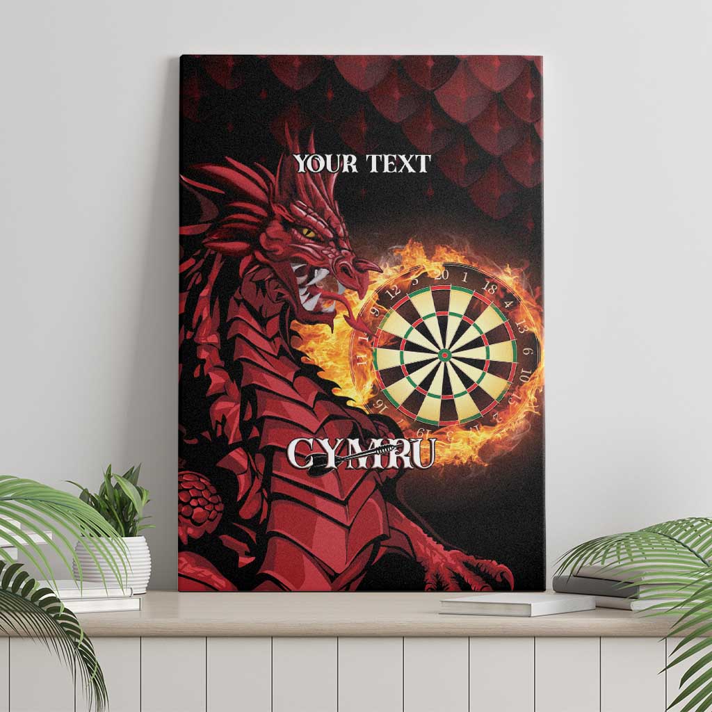 Black-framed canvas wall art featuring red dragon, flaming dartboard, and CYMRU text