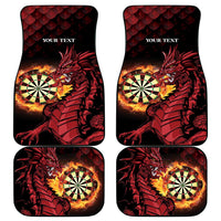 Personalised car mats with red dragon, flaming dartboard, and “YOUR TEXT” placeholders