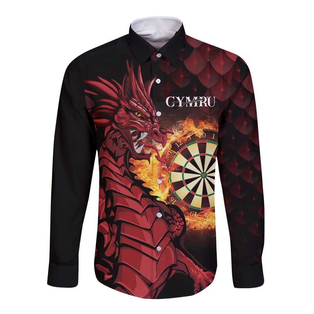Black long-sleeve button shirt with front dragon and darts graphic