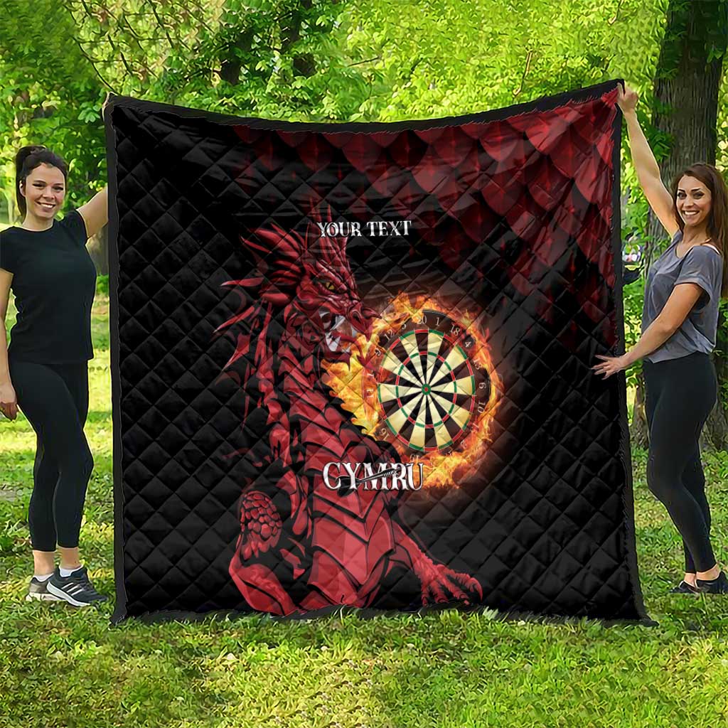 Black personalised darts quilt with red dragon dartboard flame center and YOUR TEXT, Cymru