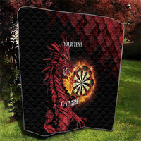 Black personalised darts quilt with red dragon and dartboard flame design, YOUR TEXT and Cymru