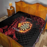 Black personalised darts quilt with red dragon dartboard flame graphic, YOUR TEXT and Cymru