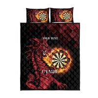 Black quilt bed set with quilted pattern, red dragon, flaming dartboards, and custom text.