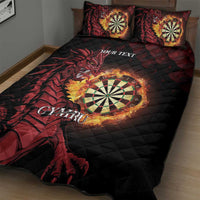 Black quilt bed set with red dragon and flaming dartboard; shows 'YOUR TEXT' and 'CYMRU'.