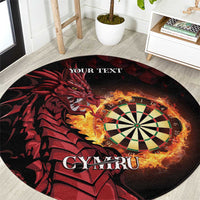 Round dart rug in black with red dragon, flaming dartboard, and customizable text.