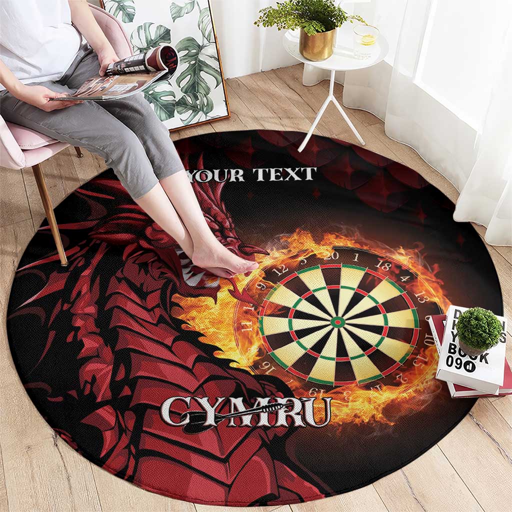 Round dart rug, black with red dragon graphic, fiery dartboard, and 'YOUR TEXT' area.