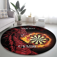 Round dart rug in black with red dragon and flaming dartboard, featuring CYMRU text.