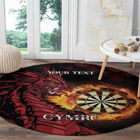 Round dart rug in black with red dragon and dartboard flame ring, showing CYMRU.