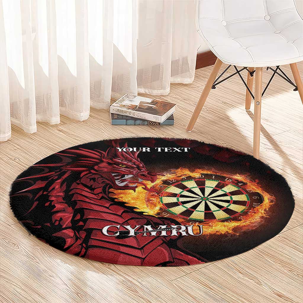 Round dart rug in black with red dragon, fiery dartboard, and CYMRU lettering.