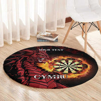 Round dart rug in black with red dragon, fiery dartboard, and CYMRU lettering.