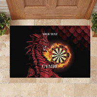 Black rubber doormat with red dragon and dartboard graphic, 'YOUR TEXT'.