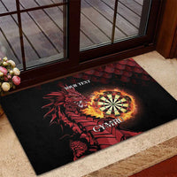 Black rubber doormat with red dragon and flaming dartboard, 'CYMRU' and 'YOUR TEXT'.
