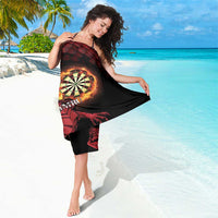 Personalised black sarong with red dragon dartboard artwork, wrapped around legs