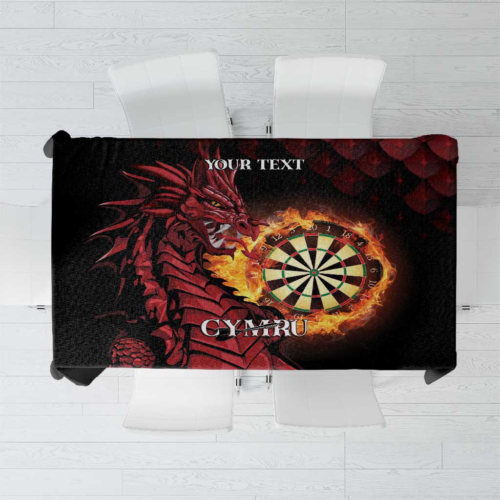Black personalised tablecloth with 'YOUR TEXT' and Cymru dragon dart board design