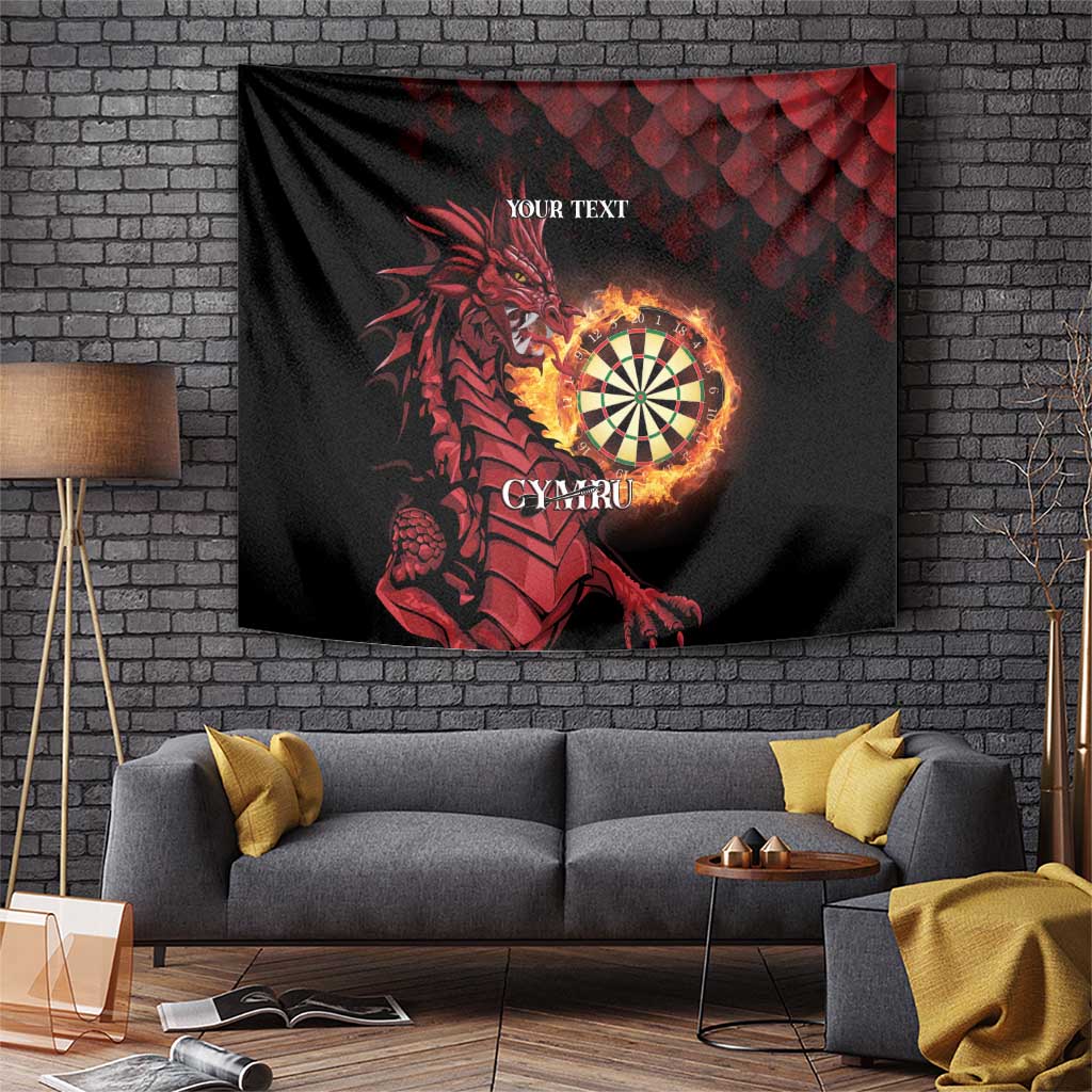 Black tapestry with red dragon, dartboard flame graphic and custom text